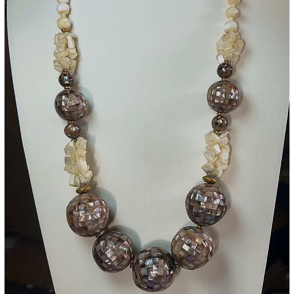 Mosaic Mother of Pearl Statement Necklace 25mm Large Iridescent Shell Beads 20"